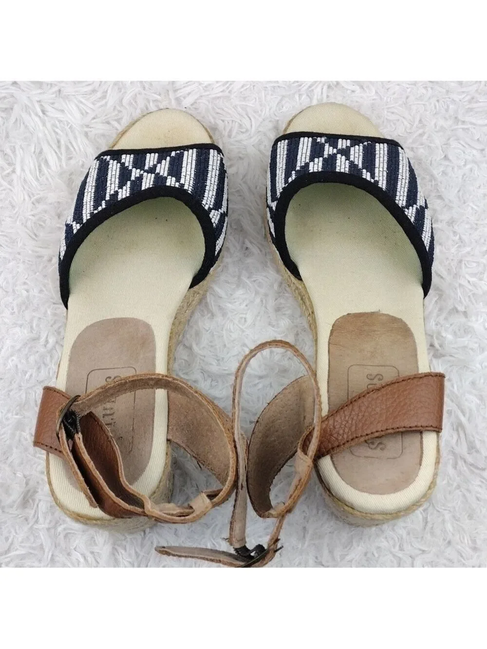 Soludos Tan Blue Embroidered Open Toe Wedged Heel Ankle Strap Espadrille Sandal